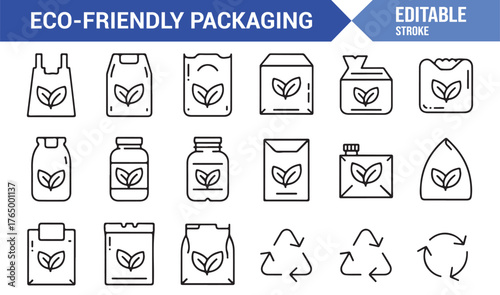 Eco Packaging Icons Collection — Editable Line Art Vector of Sustainable Bags, Bottles, and Containers