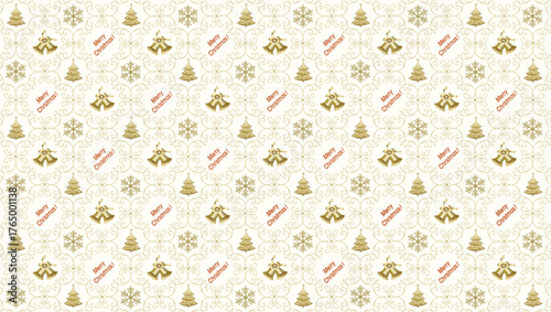 Happy New Year and Merry Christmas. Background with Christmas tree, bells, snowflakes and congratulatory text for packaging, bags and winter holiday designs. Vector illustration.