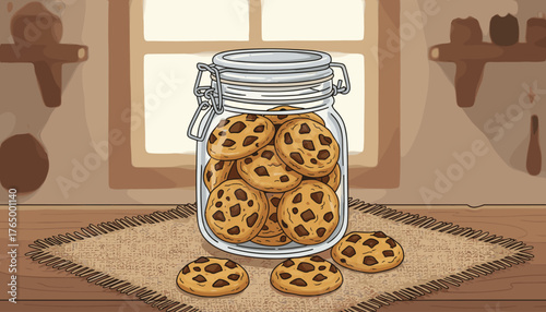 Charming illustration of a rustic glass jar brimming with delicious homemade chocolate chip cookies, set on a textured burlap mat on a wooden table, with a softly blurred kitchen background featuring