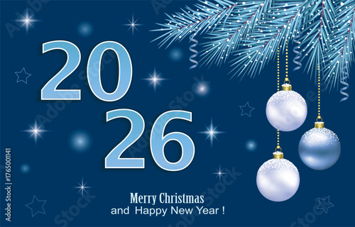 Merry Christmas and Happy New Year 2026. Background with Christmas balls on fir branches for decorating posters, greeting cards, banners, and holiday designs. 3D vector illustration.