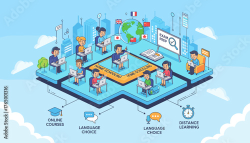 Vivid isometric illustration depicting a modern approach to education, showcasing students engaged in online courses, homeschooling, and language learning with global connectivity and exam