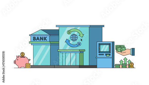 Vibrant flat illustration of a modern bank building with a piggy bank, coins, ATM, and currency exchange symbols, representing financial services, savings, and global transactions in a clean, white