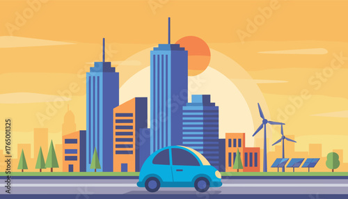 Vibrant flat illustration of a modern cityscape at sunset, featuring a blue electric car driving on a highway, surrounded by tall skyscrapers, wind turbines, and solar panels, symbolizing sustainable