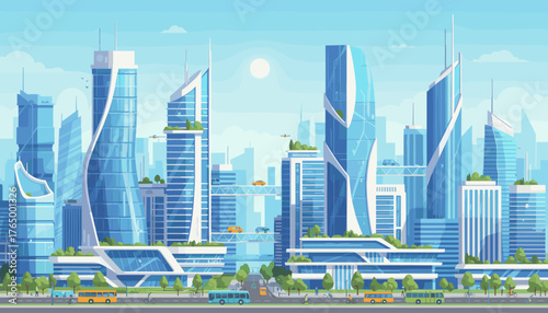 Vibrant flat illustration of a futuristic ecofriendly city skyline with sleek, modern skyscrapers, elevated transport systems, flying vehicles, and green spaces, showcasing a sustainable urban