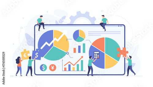 Vivid vector illustration depicting the concept of financial management and business analytics, with people assembling pie charts, bar graphs, and puzzle pieces representing currency symbols like