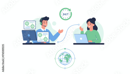 Vibrant vector illustration depicting a male customer service representative wearing a headset and interacting with a female colleague via laptop, symbolizing global 24/7 support and seamless