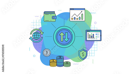 Vibrant vector illustration depicting the dynamic world of digital currency exchange, featuring icons for wallets, global connectivity, financial charts on screens, secure transactions with shield