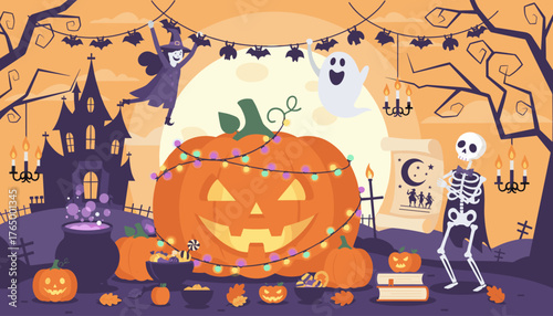 Vibrant Halloween celebration illustration featuring a spooky haunted mansion, a giant jack-o'-lantern adorned with colorful string lights, a playful witch, a friendly ghost, a dancing skeleton, and