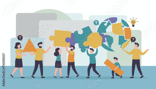 Vivid flat illustration of a diverse team of people collaborating to assemble a complex puzzle representing the globe, symbolizing teamwork, global connection, problem-solving, and innovative ideas
