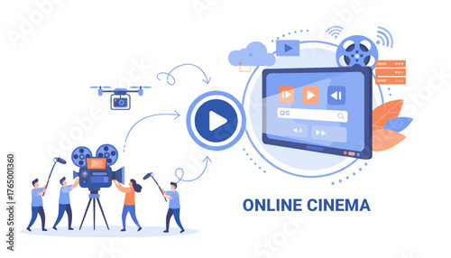 Modern vector illustration depicting the concept of online cinema and digital content creation, featuring a film crew with a vintage camera and drone, alongside a tablet displaying a media player