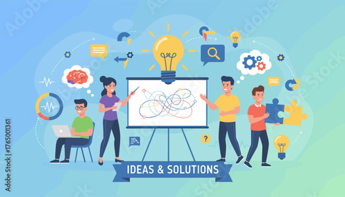 Vibrant vector illustration depicting a collaborative team brainstorming ideas and finding solutions, symbolizing innovation, problem-solving, and effective communication in a modern business