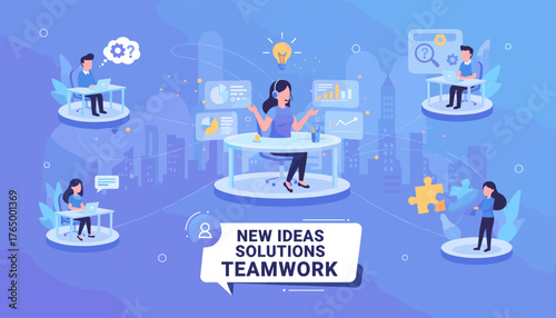 Vibrant vector illustration showcasing a dynamic online assistant at work, surrounded by colleagues collaborating on new ideas, solutions, and teamwork, with data visualizations and puzzle pieces