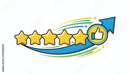 Vector illustration of a five-star rating system with a thumbs-up icon and an upward-trending arrow, symbolizing excellent customer feedback, positive reviews, and overall satisfaction, presented on