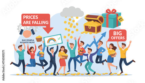 Vibrant vector illustration capturing the joy of a successful business move as people rejoice in a rain of gold coins, celebrating big offers and falling prices with a treasure chest and gift box