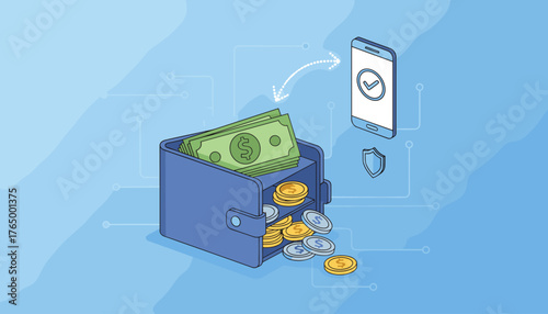 Isometric vector illustration of a blue wallet overflowing with green dollar bills and gold and silver coins, symbolizing financial transactions and digital payments, connected to a smartphone with a