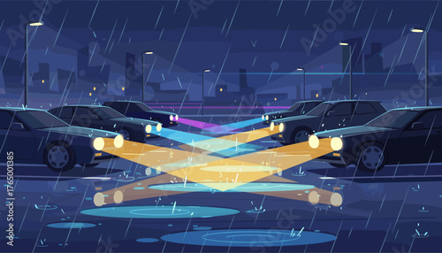 Vibrant car headlights illuminate a rainy night cityscape, casting colorful reflections on wet asphalt and puddles, creating a dynamic and atmospheric urban scene with a modern aesthetic.