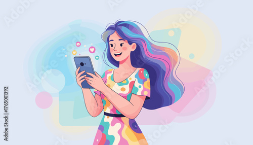 Vibrant young woman with colorful hair joyfully using a smartphone, surrounded by social media icons, representing connection and digital communication in a modern, abstract, and soft-focus