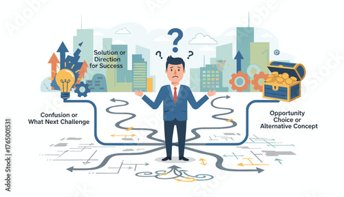 Business crossroads illustration: a confused businessman stands at a junction of multiple paths, symbolizing decision-making, confusion, and the search for solutions or opportunities, with icons