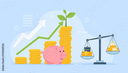 Conceptual illustration of business finance and saving money, symbolizing investment growth with stacked coins, a piggy bank, and a growing plant, alongside a balance scale weighing a briefcase