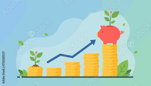 Vibrant illustration of financial growth and investment, featuring stacks of golden coins, a piggy bank, and a rising arrow graph, symbolizing savings, profit, and economic progress with currency