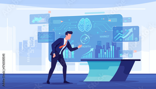 Businessman analyzing market and business growth data on a futuristic holographic interface, showcasing financial charts, graphs, and AI brain icon, representing data-driven decisions and