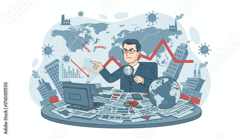 Businessman analyzing economic impact of COVID-19 pandemic with global map, stock market charts, falling graphs, and industrial buildings, symbolizing recession and financial crisis during global