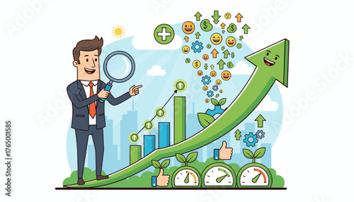 Businessman with magnifying glass analyzing upward trending green arrow graph, symbolizing business growth, financial success, and positive development, with icons of smiling faces, gears, and dollar