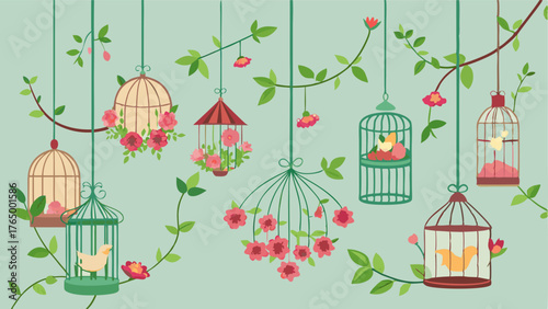 A collection of vintage birdcages hanging from the ceiling filled with trailing vines and blooming flowers.