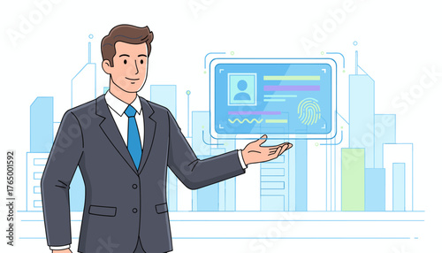 Professional businessman in a suit presenting a futuristic digital identification card with biometric fingerprint scan and personal data, set against a backdrop of abstract city skyscrapers