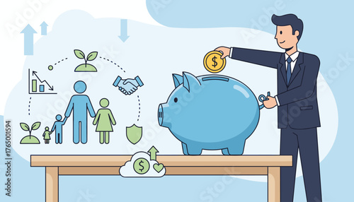 Businessman in a suit deposits a gold coin into a blue piggy bank, symbolizing savings and financial growth, with icons of family, handshake, shield, growing plants, and upward arrows representing