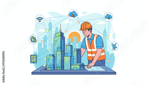 A visionary engineer, clad in an orange hard hat and safety vest, meticulously examines a detailed architectural model of a futuristic cityscape, symbolizing smart city development and technological