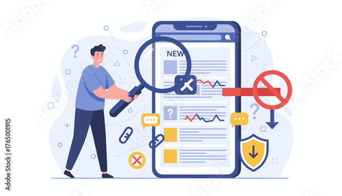 Man with magnifying glass examining news on smartphone screen, surrounded by icons representing fake news, misinformation, security, and social media sharing, illustrating digital content