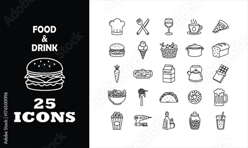 Vibrant collection of 25 modern food and drink icons perfect for menus, websites, and culinary branding projects