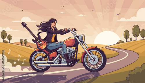 Dynamic illustration of a cool female guitarist riding a classic motorcycle through a scenic countryside landscape at sunset, with her electric guitar strapped to the back, embodying freedom and rock