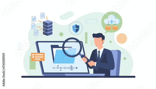 Modern flat illustration of a businessman analyzing digital files and data on a laptop with a magnifying glass, representing file management, data archiving, and cloud storage solutions with security