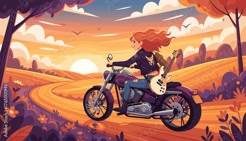 Vibrant illustration of a red-haired female guitarist riding a purple motorcycle through a scenic countryside at sunset, carrying her guitar, embodying freedom and adventure on the open road with