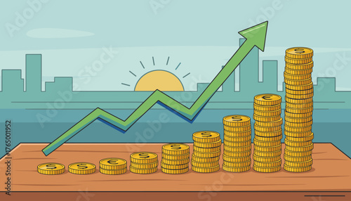 Vibrant illustration of a financial growth concept, featuring stacks of gold coins increasing in height from left to right, superimposed with a sharp green upward trending arrow graph against a