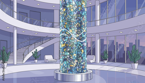 Captivating interior of a modern building lobby featuring a stunning, glittering mosaic glass pillar as a central focal point, complemented by sleek white furniture, lush potted plants, and a grand