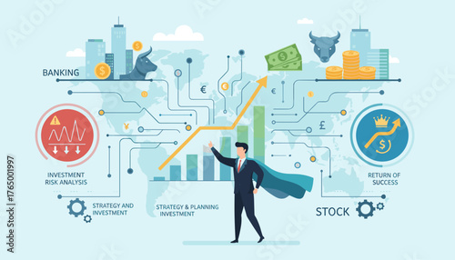 Global business investor in a superhero cape touching an upward trending investment graph, symbolizing strategy, planning, and return of success in stock markets, with banking, risk analysis, and