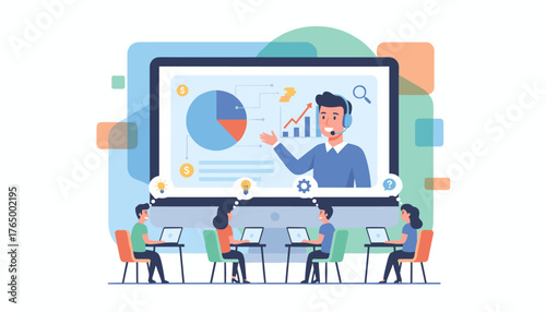 Diverse group of people attending an online presentation or webinar, with a presenter on a large screen showing charts, graphs, and coins, symbolizing business growth and education, fostering