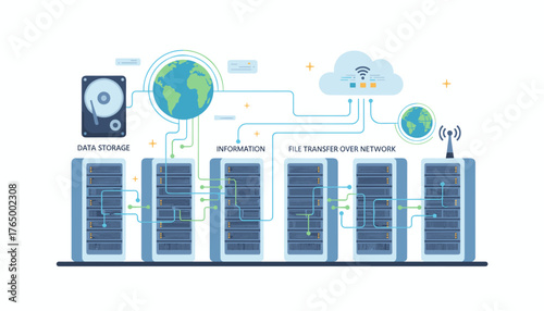 Vibrant illustration depicting a modern server room with racks of computers, illustrating data storage, information flow, and file transfer over a global network, including cloud computing and