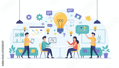 Diverse team of professionals collaborating on innovative business ideas, brainstorming solutions with a giant illuminated lightbulb symbolizing creativity and inspiration, in a modern office setting