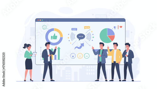 Diverse team of professionals analyzing customer feedback and brand reputation on a large digital screen with charts, graphs, and sentiment icons, illustrating business analytics and marketing