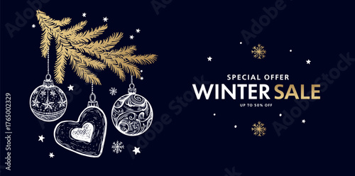 Winter sale, Christmas tree and star set on black, Hand drawn illustration.	

