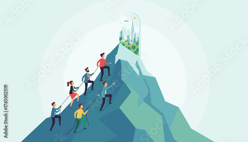 A team of diverse business professionals, dressed in smart casual attire, collaboratively climbing a steep, stylized mountain peak using ropes, symbolizing teamwork, ambition, and overcoming