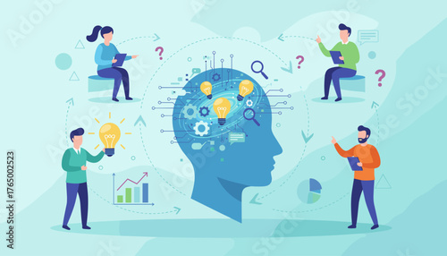 Vivid vector illustration depicting a collaborative business brainstorming session, showcasing innovative ideas symbolized by glowing lightbulbs within a stylized human head, surrounded by diverse