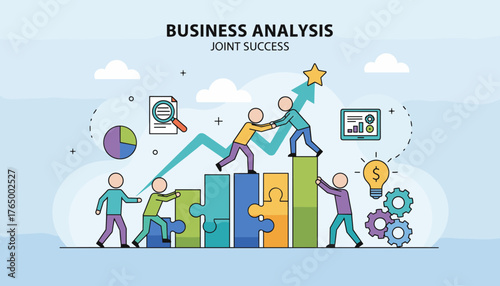 Conceptual vector illustration depicting business analysis and joint success, featuring stylized figures collaborating to climb a bar graph made of puzzle pieces, symbolizing teamwork and