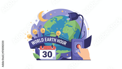 Vivid flat illustration celebrating World Earth Hour, featuring a glowing Earth, a crescent moon, stars, light bulbs, a calendar showing the 30th, and a hand turning off a switch, symbolizing energy