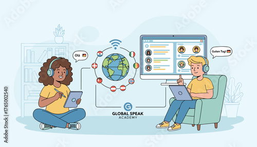 Flat illustration depicting a diverse group of students engaging in online foreign language learning, with a globe surrounded by national flags, video conferencing on a computer screen, and students