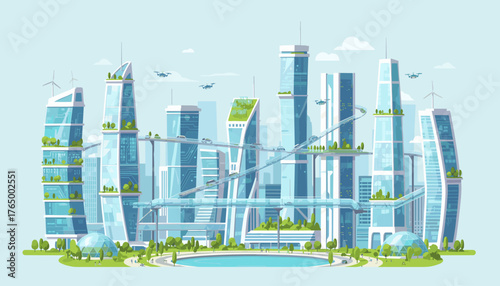 Vibrant flat illustration of a futuristic ecofriendly city skyline with sleek skyscrapers, elevated transport systems, autonomous vehicles, drones, wind turbines, and lush green spaces, representing